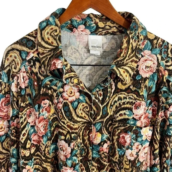 Roamans Floral Rose Button Up Blouse 1X Front Pocket Swirls Long Sleeve Stretch - Picture 3 of 8
